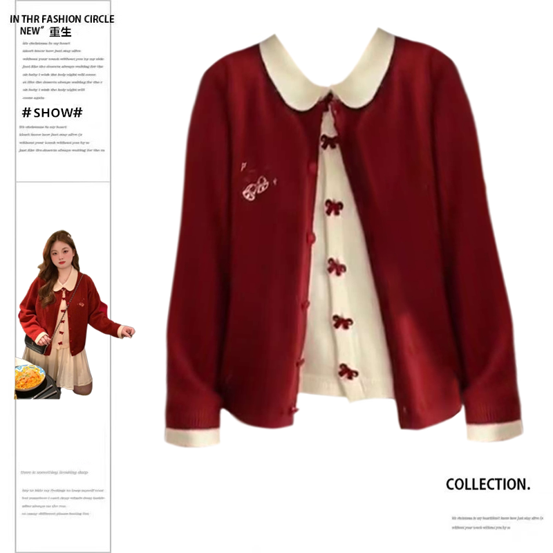 Rebirth Style for Slightly Chubby Women: Red Christmas Outfit, Knitted Cardigan for Women, New Autumn and Winter Style, Lazy Style with Bow Top
