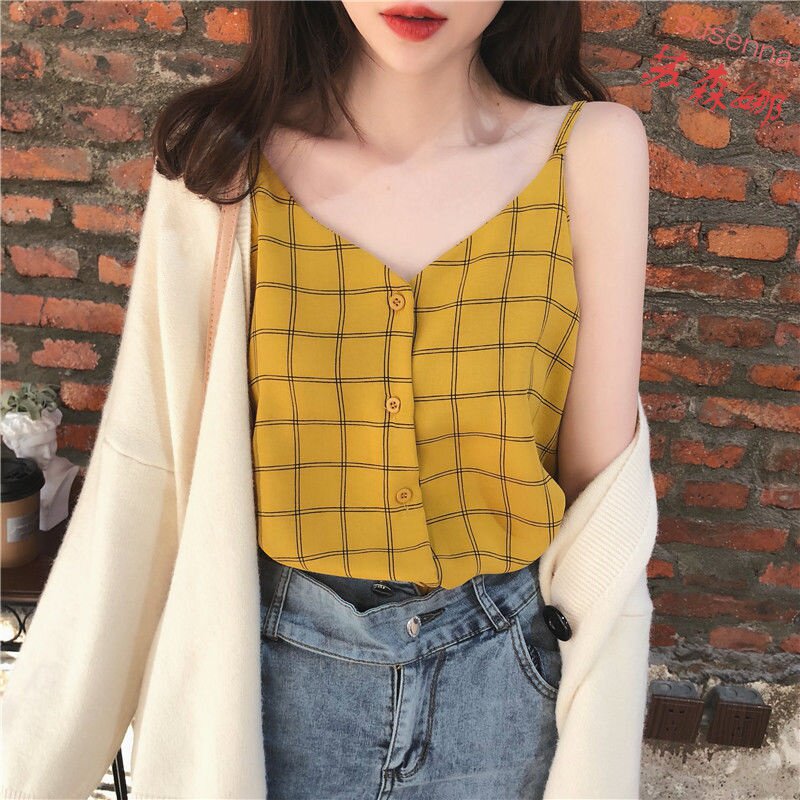 Port Taste Retro Chic Plaid Small Harnesses Female Heart-shaped Machine Inner Lap Snow Spinning Vest Loot Outside Wearing Undershirt Blouse Summer