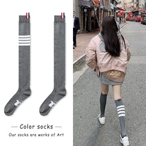 Four bars gray midline socks calf socks cotton Japanese knee socks stockings net red college style jk womens tide