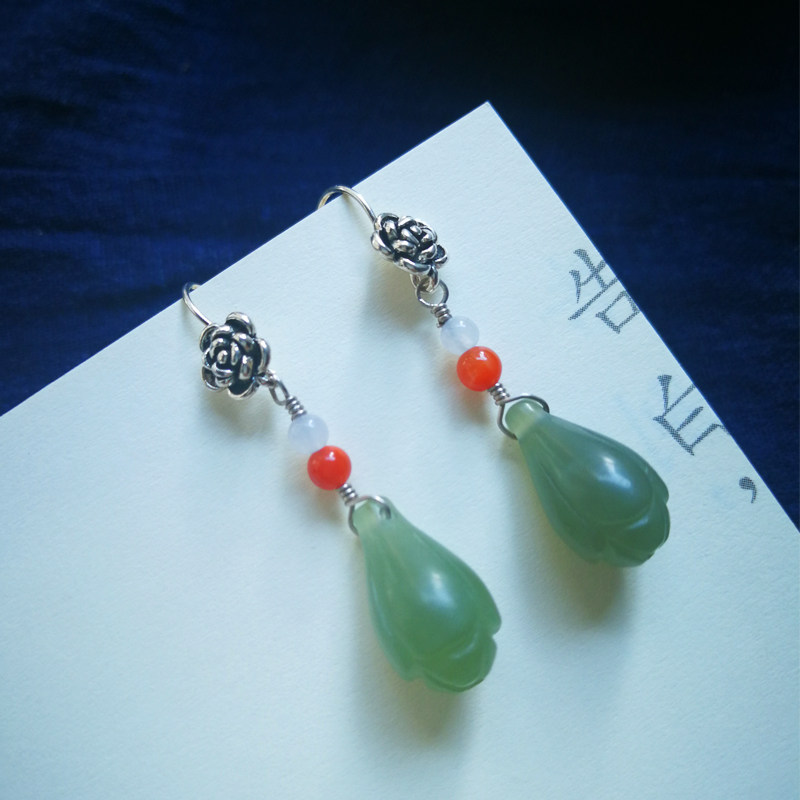 New products Original jade earrings 925 pure silver handmade and field jade earrings with ancient wind jade earrings national wind retro earrings