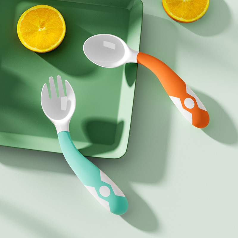 Baby learn to eat training spoon short put baby food supplement elbow fork spoon one-year-old can bend children's tableware set