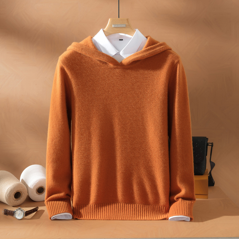 [100% Cashmere] Thickened Sweater for Men, Pure Cashmere Knitted Base Layer, Autumn and Winter Style, Hooded Sweatshirt