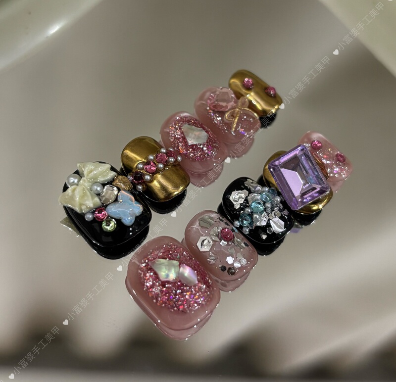 Little Rich Girl【Princess Arrives】Sweet and Cool New Product Cat's Eye Black Gold Butterfly Square Diamond Handmade Wearable Nails Short Style Cute