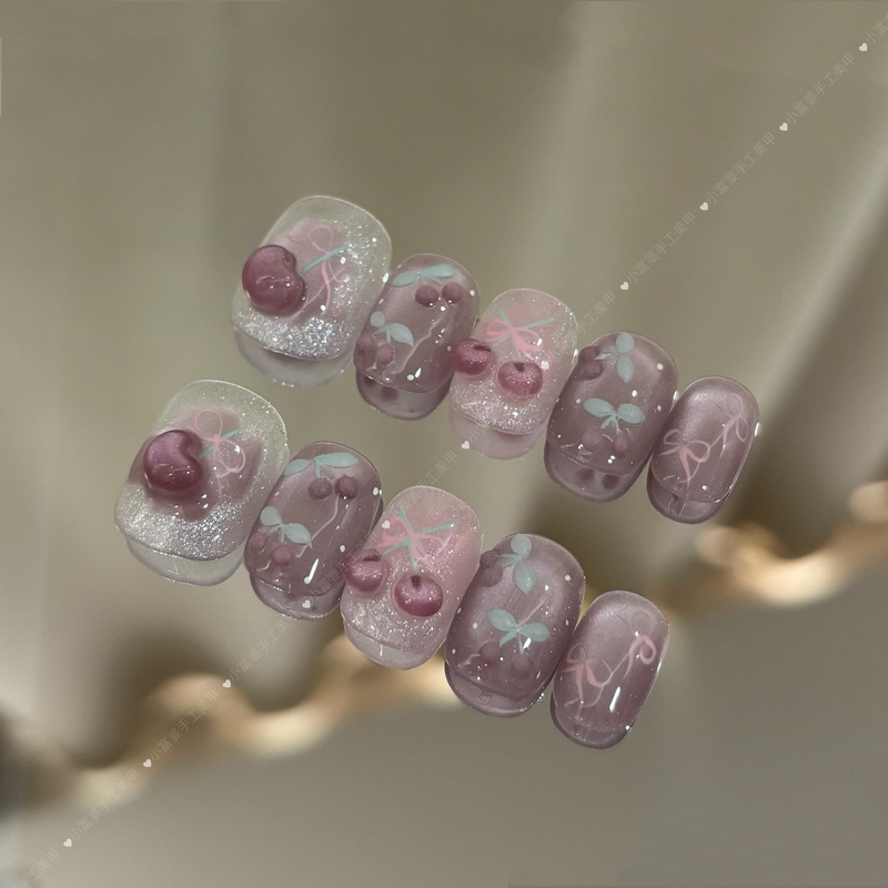 Little Rich Woman【Purple Cherry】Spring/Summer New Product Cat's Eye Hand-Painted Bow Cherry Pinchable Handmade Wearable Nails Cute