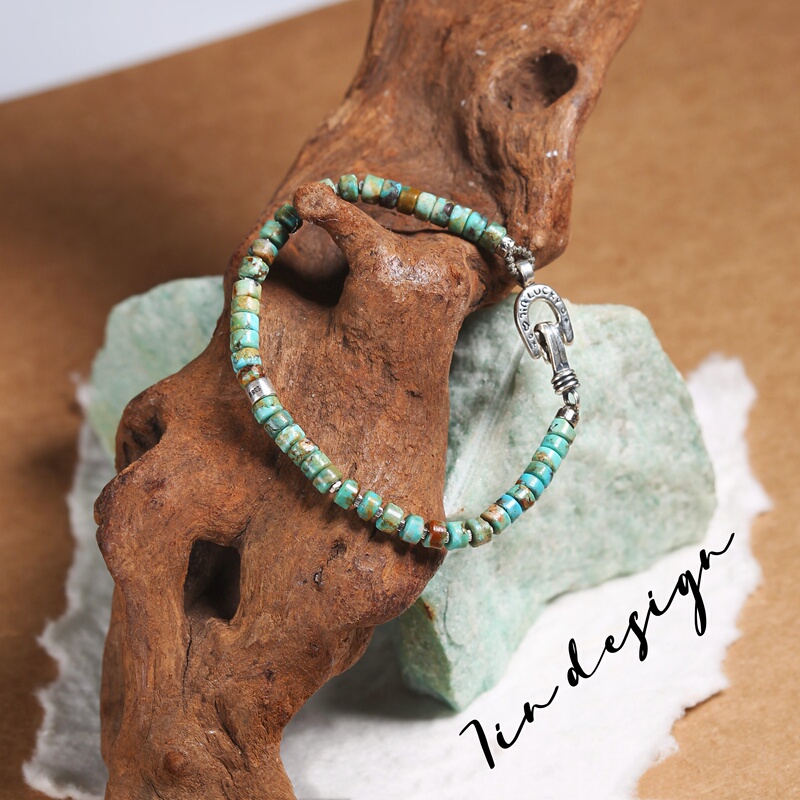 7In【Green Field】Original Niche Design 925 Sterling Silver Bracelet Vintage Handmade Woven Turquoise Couple Bracelet