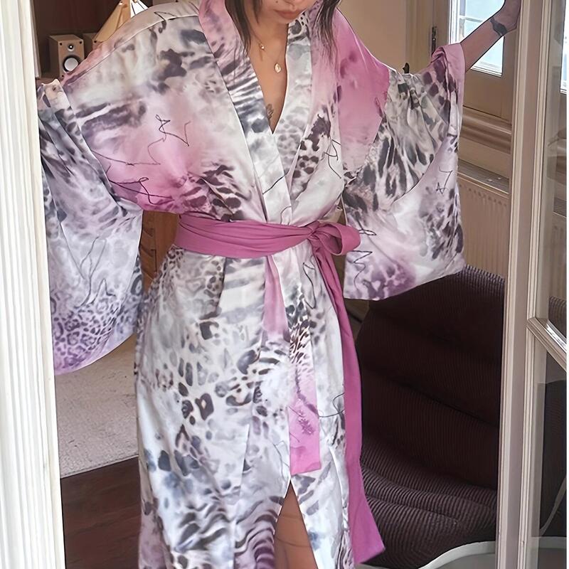 Fashionable Street Style Cool Casual Pink Leopard Print Hanfu Cardigan Loose Thin Coat Long Kimono