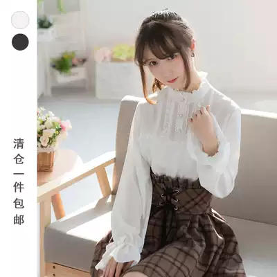 (LIFEGIRL) original chiffon small stand collar wooden ear short black black and white lolita long sleeve shirt
