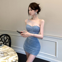 Sexy ladylike dress with spliced mesh, exposed collarbone, high waist, elegant design, slim fit and hip-hugging short skirt