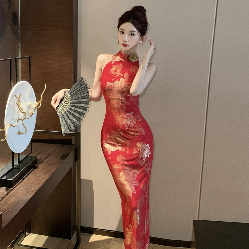 Chinese-Style Sexy Socialite-Style Decorative Floral Sleeveless Dress, Feminine High-End Elegant Slim-Fit Waist-Cinching Long Gown