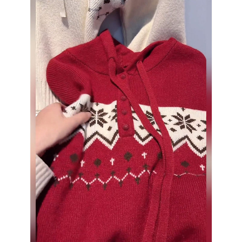 2026 New Style Fair Isle Style Red Jacquard Knitwear Women's Long-Sleeved Loose and Lazy Style High-End Hooded Knitwear 2026 New Style Fair Isle Style Red Jacquard Knitwear Women's Long-Sleeved Loose and Lazy Style High-End Hooded Knitwear