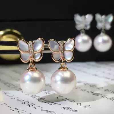 Japan AKOYA natural Haishu pearl earrings ear needle beautiful butterfly sweet elegant woman temperament
