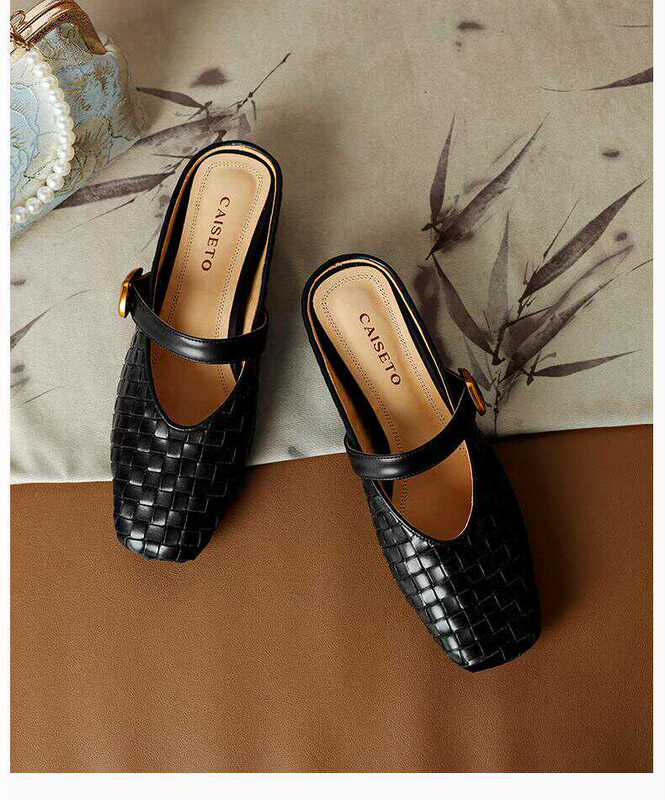 Cowhide 3cm Summer Outdoor Sandals for Women, Genuine Leather Fashion Closed-Toe Slip-On Mules with Buckle D451