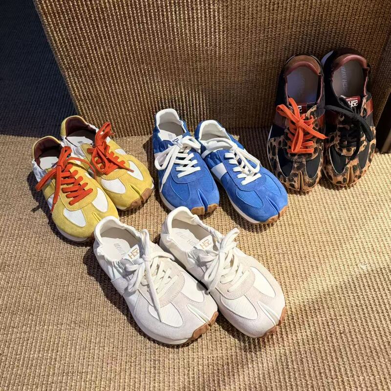 H55 Women's Shoes Disorderly Academy Style 2026 Spring New Leopard Print Trendy Retro Ins-Style Genuine Split-Toe Quick-Dry Waffle Shoes