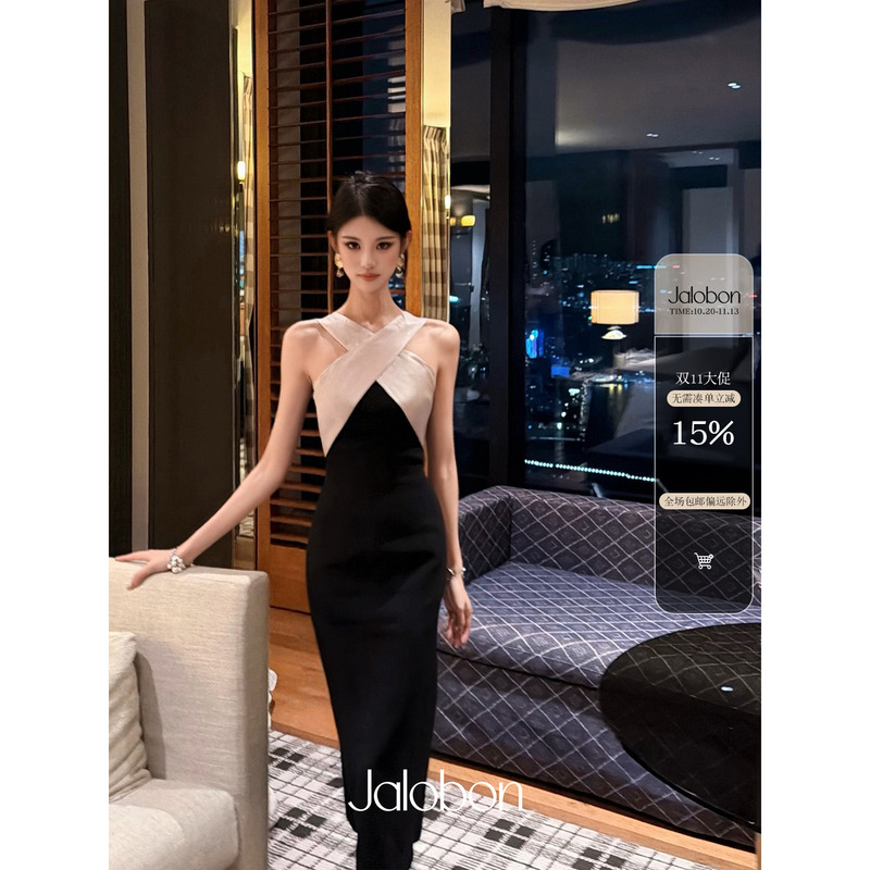 Jalobon Bright Matte Contrasting Acetate Satin | Three-Dimensional Cross Halter Neck Cut | Off-The-Shoulder Slim-Fit Dress Jalobon Bright Matte Contrasting Acetate Satin | Three-Dimensional Cross Halter Neck Cut | Off-The-Shoulder Slim-Fit Dress