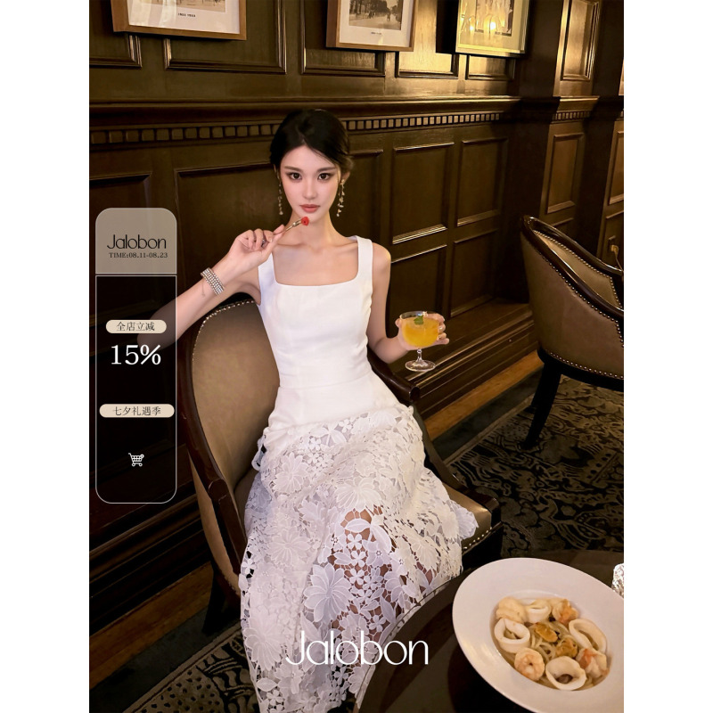 Jalobon Soft Light Tencel Linen Water-Soluble Lace | Heavy-Duty Handcrafted Floral Arrangement | Spliced Square-Neck Waist-Cinching Sundress Jalobon Soft Light Tencel Linen Water-Soluble Lace | Heavy-Duty Handcrafted Floral Arrangement | Spliced Square-Neck Waist-Cinching Sundress