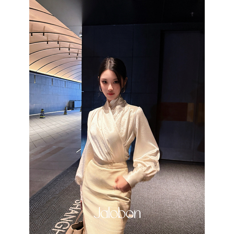 [in Stock] Jalobon Radiant Satin Silky Top with Cross Stand Collar, Gentle and Elegant Style Shirt