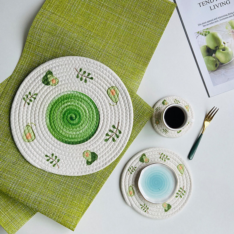 ins wind insulation pot mat woven cotton rope placemat creative printing coaster round household bowl mat shooting mat