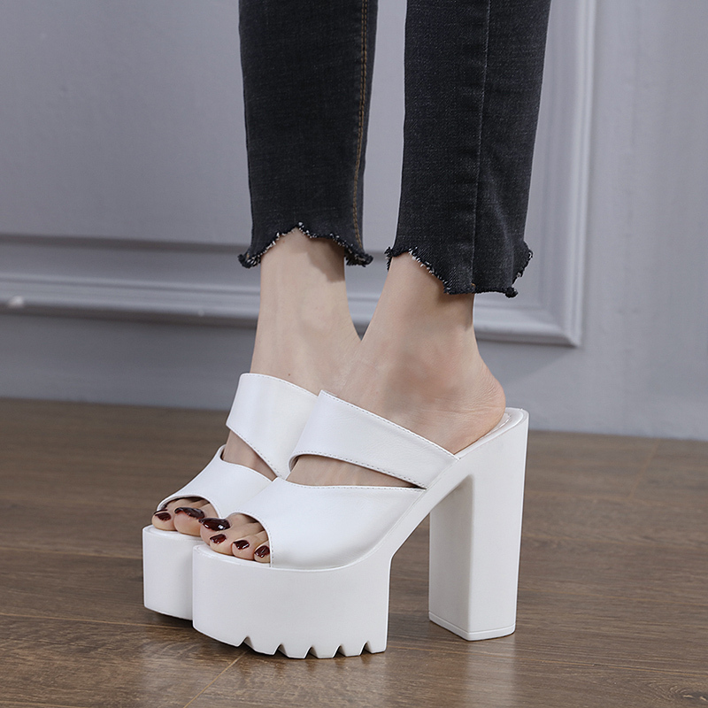 17cm Large Size Slippers with Waterproof Platform, Chunky Heels, Sky-High Anti-Slip Thick-Soled Sandals, Sexy Model-Style Ultra-High Heels