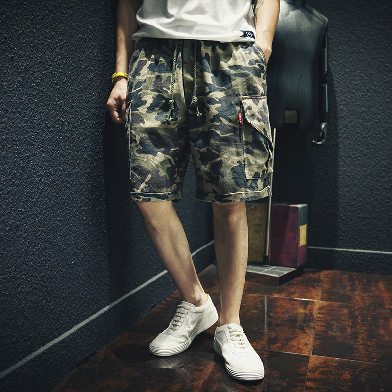 Summer Camouflay Tooling Shorts Male Loose Tide Signs casual retro trendy straight cylinder large size 50% pants 50% pants