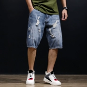 Quần short denim nam thương hiệu mùa hè thủy triều lỏng lẻo khâu năm điểm quần kích thước lớn cào 5 điểm quần quần - Quần jean