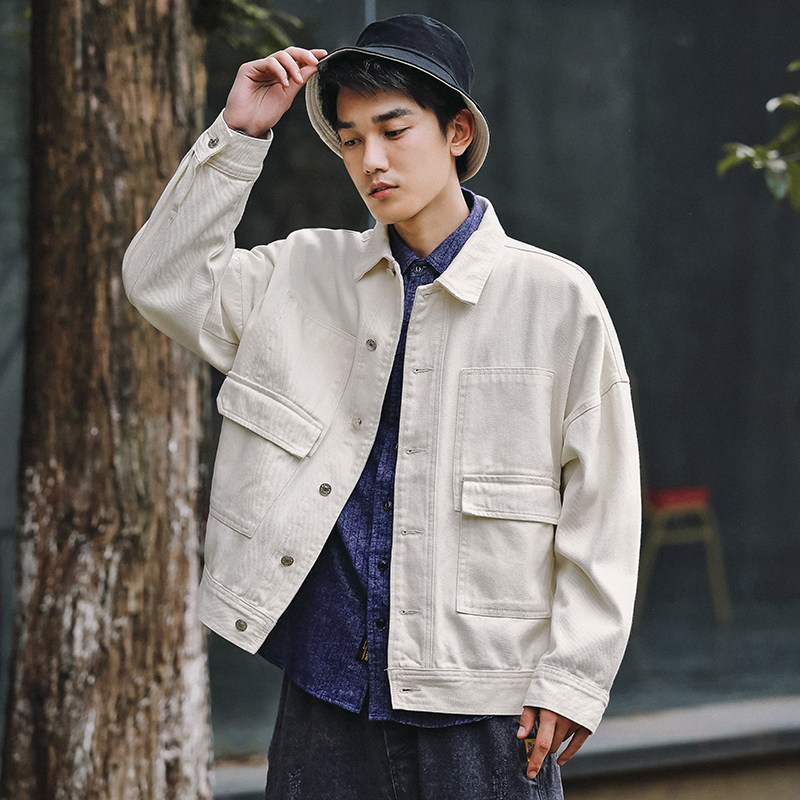 Spring and autumn loose denim jacket men's white Korean version of the trend autumn tooling jacket large size trend brand denim clothing trend