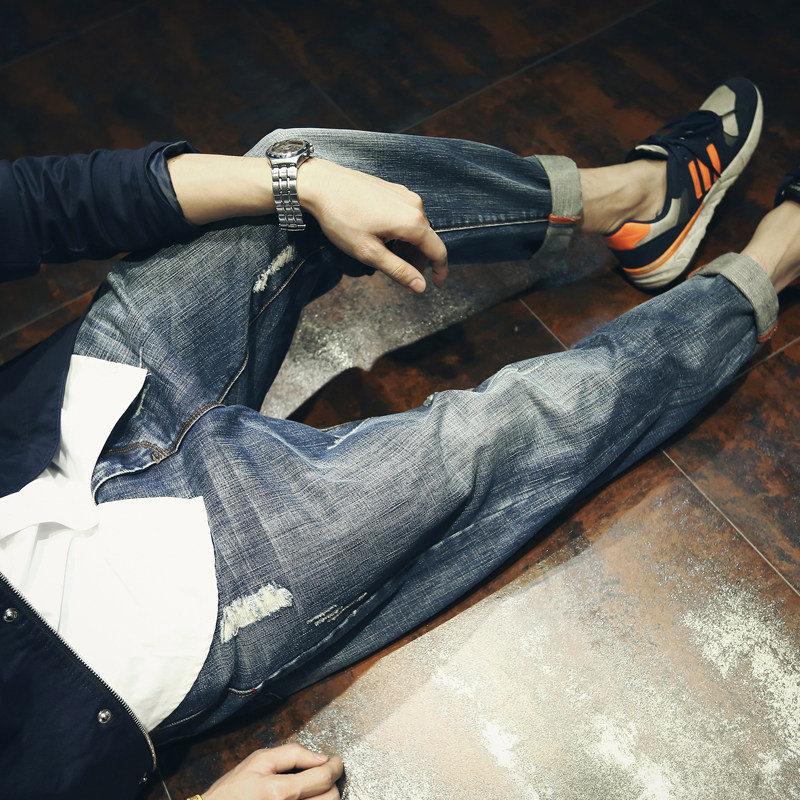 Summer thin section Broken Cave Jeans Male Loose Tide Card Ins retro pants Big size Size Fat Subs Little Foot Long Pants Tide