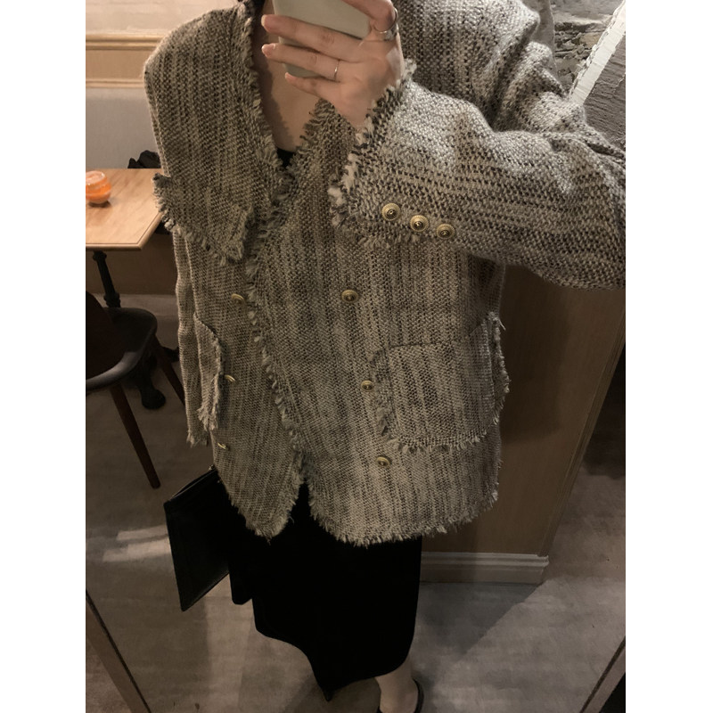 Anjiuyue loose V-neck small fragrance coat women's autumn tweed high-end design sense niche slimming top retro