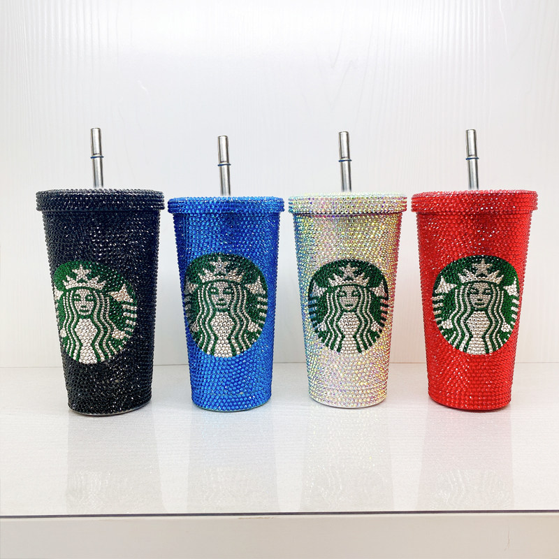 diy hand adhesive drill water glass inlaid diamond cup 304 stainless steel insulated straw cup creative gift full drill coffee cup