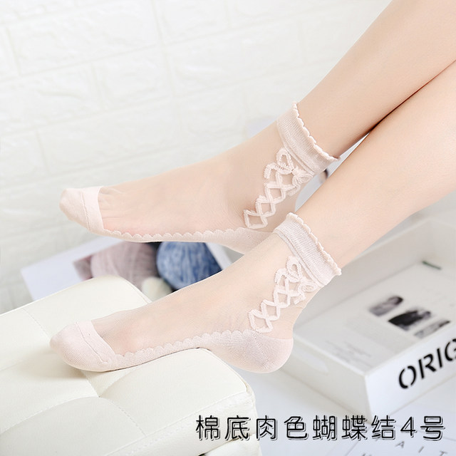 Ben brand ultra-thin ice silk cotton-soled short stockings non-slip crystal women's socks lace embroidered glass silk mid-tube socks