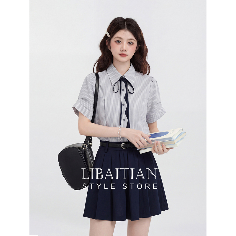Korean-Style Design Tie-Striped Shirt for Women 2026 New Summer College Style Commuter Short-Sleeved Formal Shirt Korean-Style Design Tie-Striped Shirt for Women 2026 New Summer College Style Commuter Short-Sleeved Formal Shirt