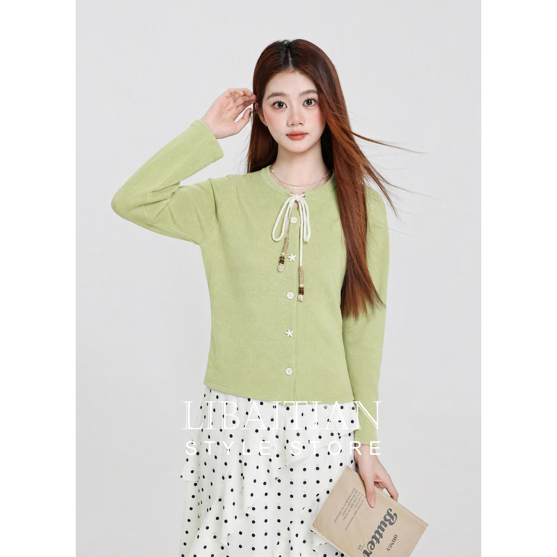 Green Casual Lace-Up Design Long-Sleeved Knitted Shirt for Women, New Autumn Style, Slim Fit, Beautiful and Unique Top
