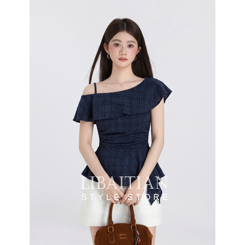 Navy Blue Off-Shoulder Ruffled Sleeveless Shirt for Women, 2026 Summer New Design, Stylish and Elegant, Waist-Cinching Plaid Top Navy Blue Off-Shoulder Ruffled Sleeveless Shirt for Women, 2026 Summer New Design, Stylish and Elegant, Waist-Cinching Plaid Top