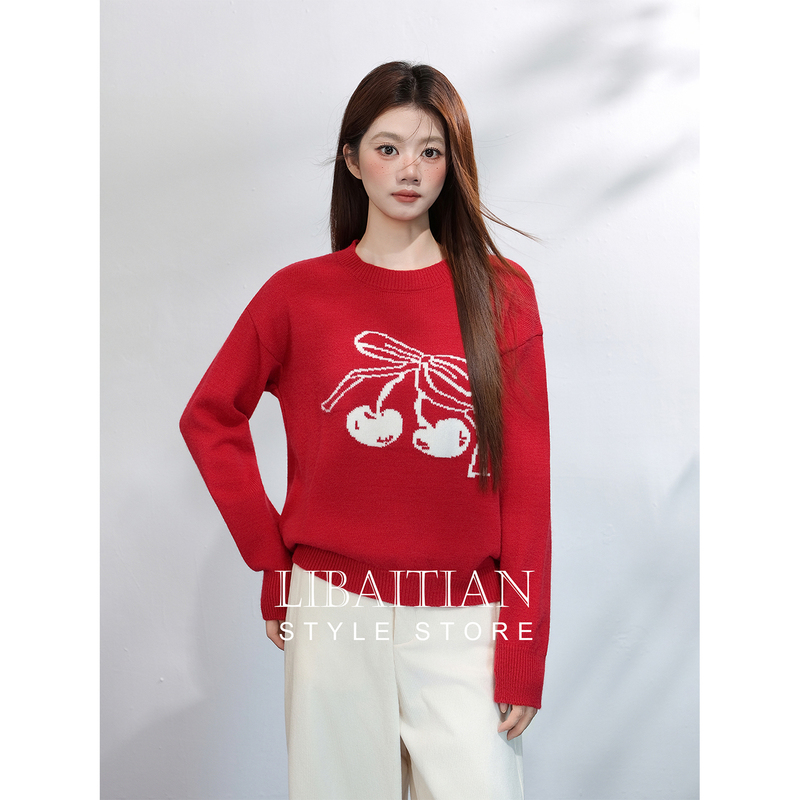 Bow-Knot Cherry Jacquard Round-Neck Pullover Sweater for Women, New Winter Korean Style Loose Knit Top