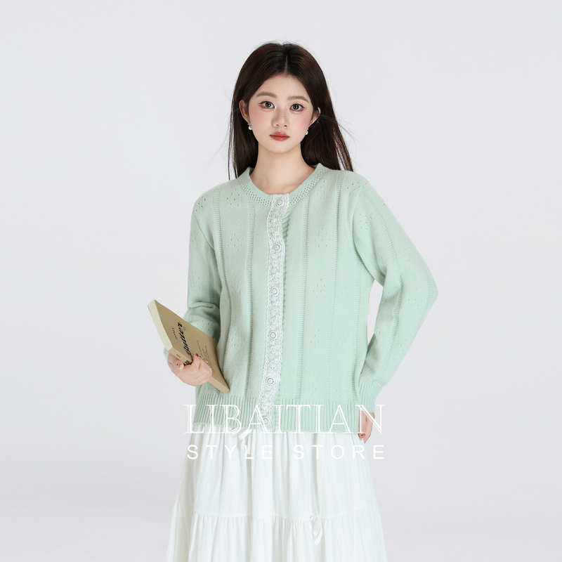 Milk Green Mint Knit Cardigan for Women, 2025 Autumn New Korean Style Design Hollow Sweater Jacket Top