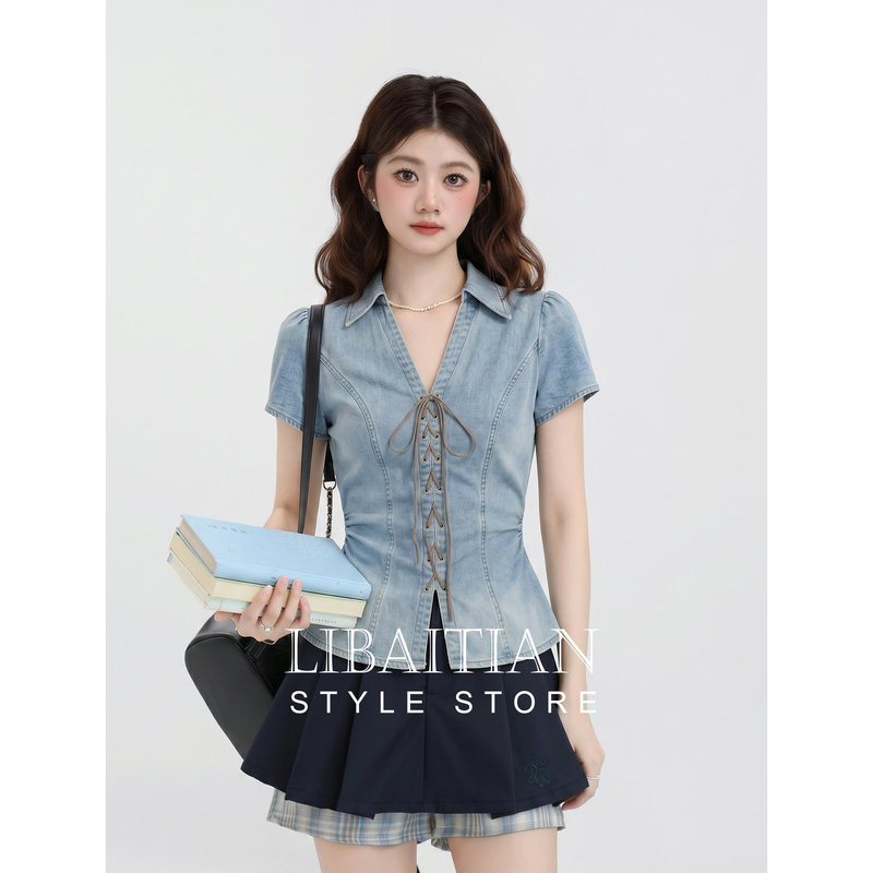 French-Style Denim Retro Design Lace-Up Lapel Shirt for Women 2026 New Summer Fashion Niche Waist-Cinching Top