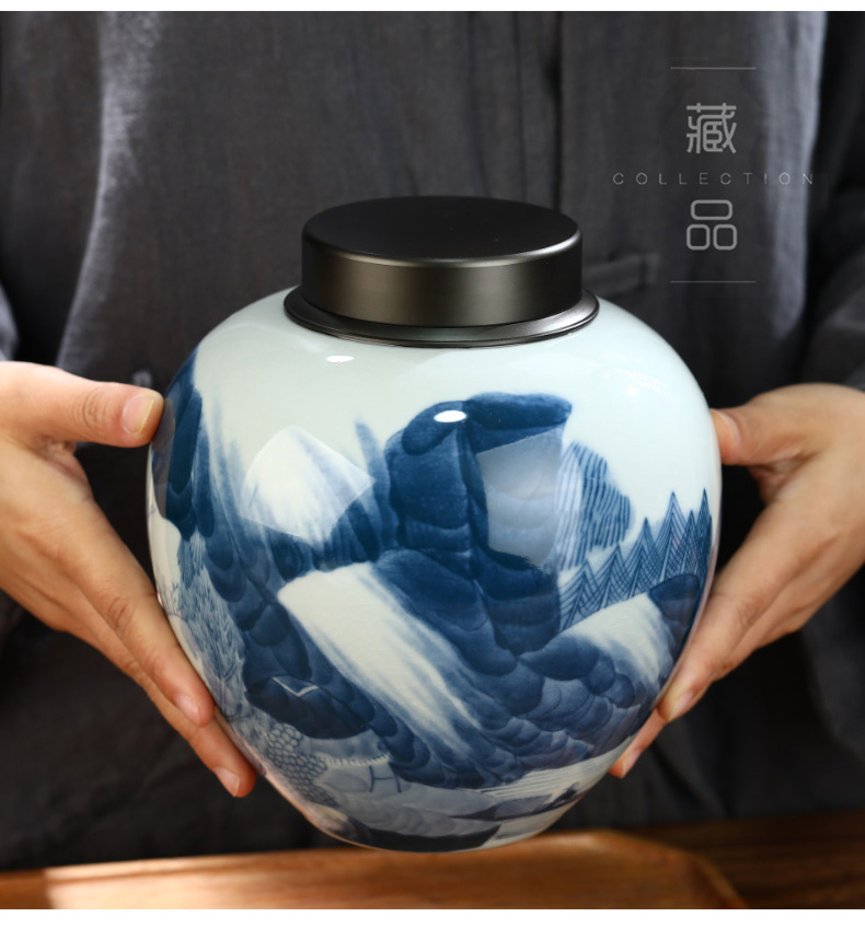 Light tea in ancient celadon hand - made of blue and white porcelain tea pot large pure aluminum cover sealing ceramic tea box of puer tea pot