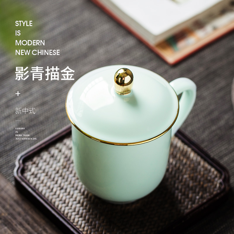 Jingdezhen ceramic cups with cover household ipads porcelain cup cup cyan gold mark cup custom office meeting