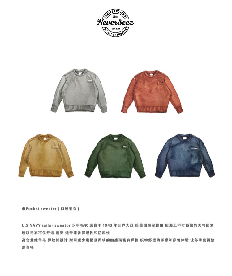 XEMZ 18AW Áo len len Vintage nhiều màu Joker Classic Pocket Wool Sweater quần áo nam