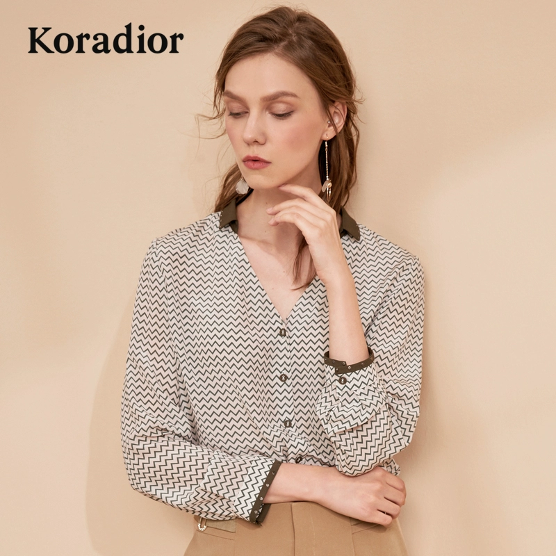 Keletier blouse nữ 2019 mùa thu phong cách mới cổ chữ V mỏng mảnh mai áo lụa dài tay phong cách phương tây - Áo sơ mi dài tay