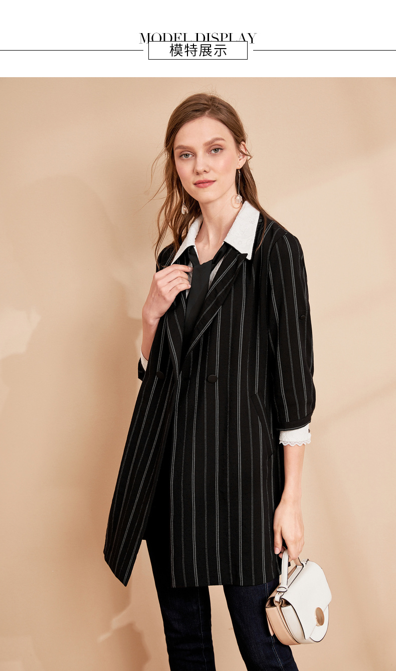 Leier sọc phù hợp với mùa thu 2019 mới của phụ nữ khí đen phù hợp với cổ áo áo khoác mỏng phần mỏng - Business Suit shop đầm đẹp