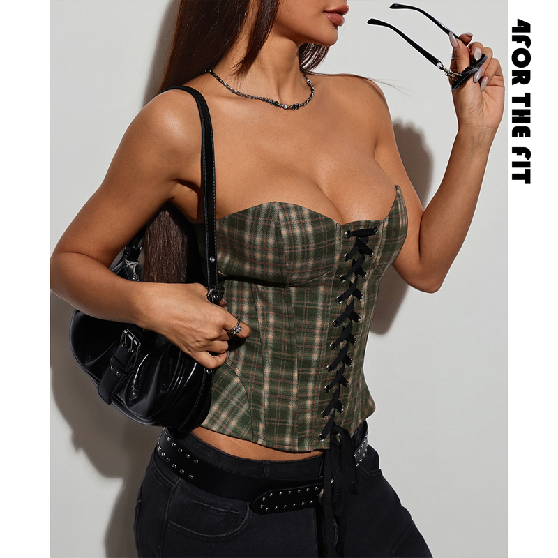 4Forthefit Queen Mother Style Retro Green British Plaid Fishbone Strap Corset Bustier Top