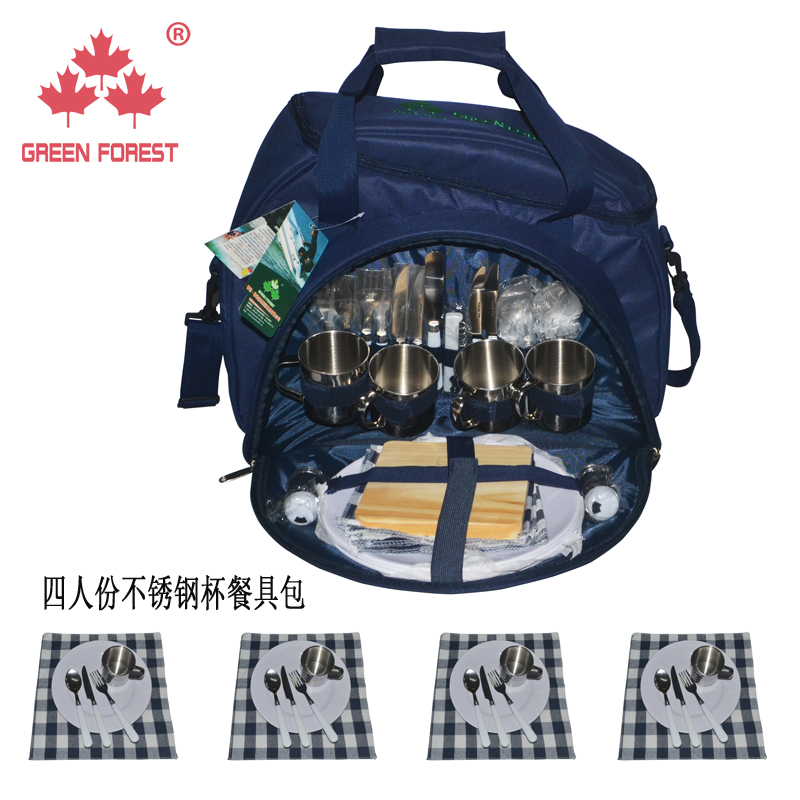 Green Light Forest Outdoor 4 People Steel Cups Picnic Bag Field Cutlery Bag Double Shoulder Meal Kits Single Shoulder Bag Insulation Pack Ice Pack