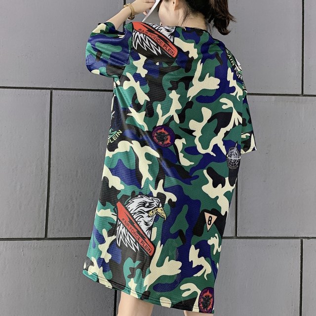 2023 ໃໝ່ Ice Silk Mesh Quick-Drying Clothing Women's Loose Large Size Medium Long Long T-shirt Camouflage Dress