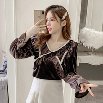 8855 Coffee Ruffle Gold Velvet Flared Sleeve Top