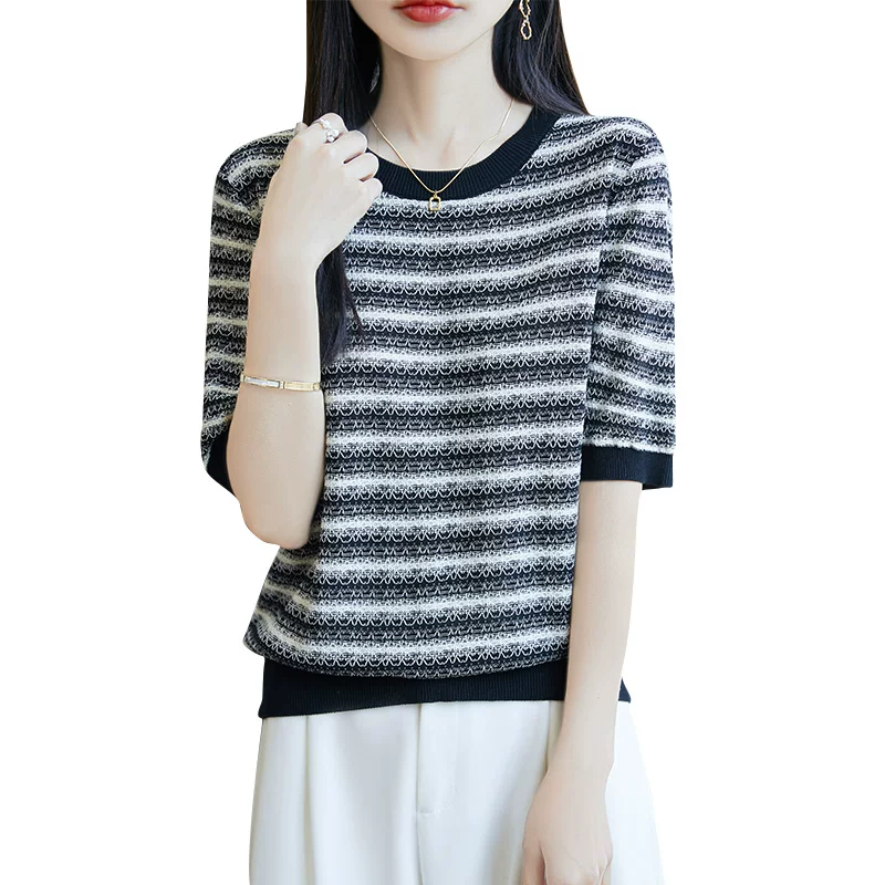 恒源祥 Summer silk knitted T-shirt with a round collar, oversize, loose fit