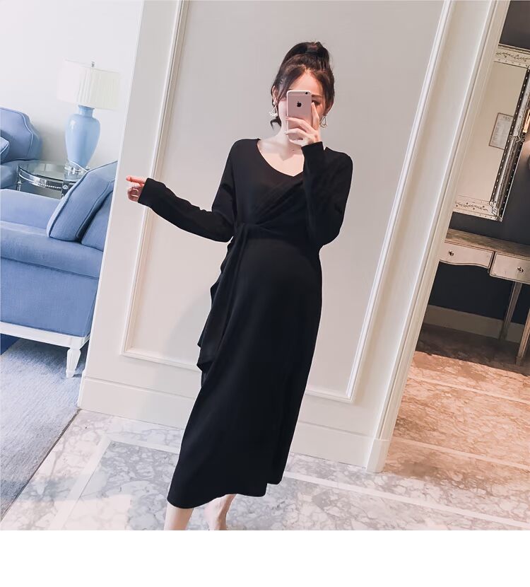 Trang phục bà bầu 2018 mùa thu mới phiên bản Hàn Quốc của áo cổ chữ V không cổ ren dệt kim thời trang bà bầu hot mom áo ngực bầu