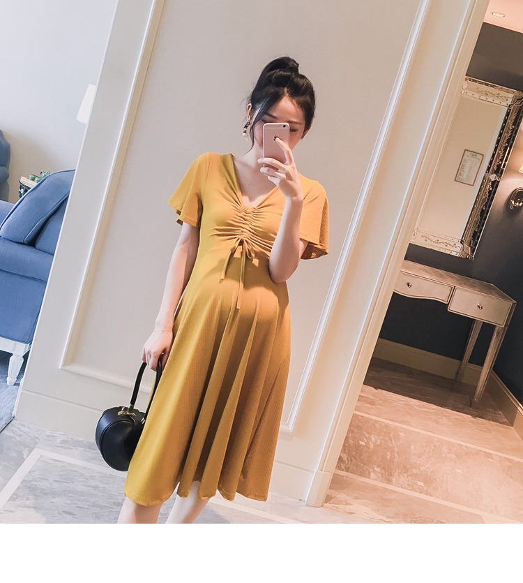 Thai sản mặc 2018 mùa hè phong cách mới neckline V-Cổ eo đàn hồi phụ nữ mỏng mang thai dài ăn mặc triều áo bầu đẹp