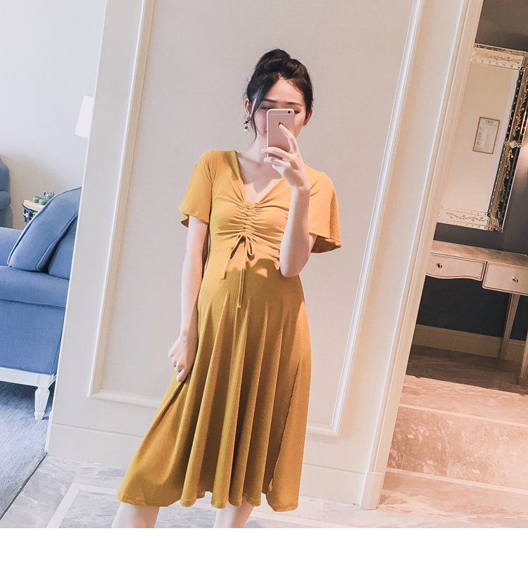 Thai sản mặc 2018 mùa hè phong cách mới neckline V-Cổ eo đàn hồi phụ nữ mỏng mang thai dài ăn mặc triều