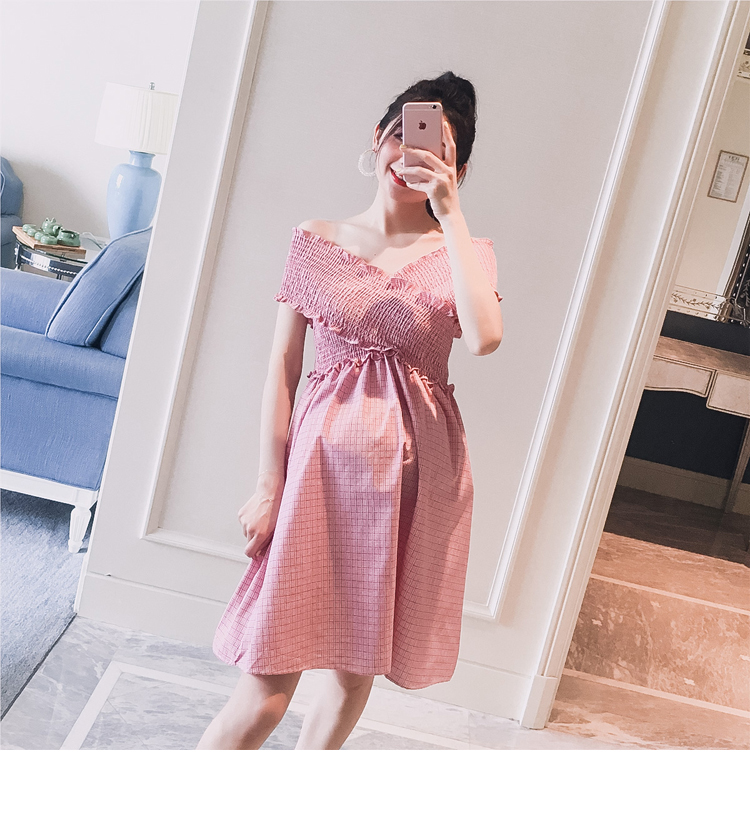 Thai sản mặc 2018 mùa hè ăn mặc mới qua từ cổ áo quây eo tốt eo mỏng thời trang mang thai váy Hàn Quốc