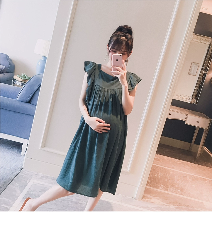 Thai sản mặc 2018 mùa hè mới Hàn Quốc phiên bản của bay vuông bay tay áo thời trang lỏng phụ nữ mang thai hot mom dài ăn mặc shop đồ bầu